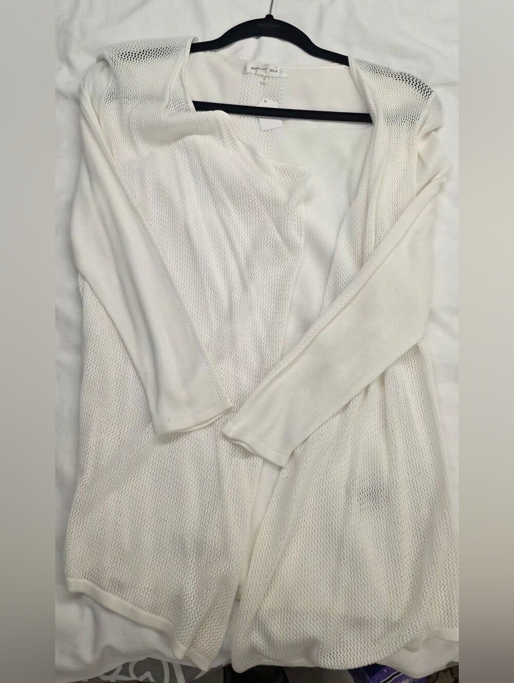 🍁August Silk White Open Front Cardigan Mesh Knit Lightweight Draped Size Small - Picture 7 of 7